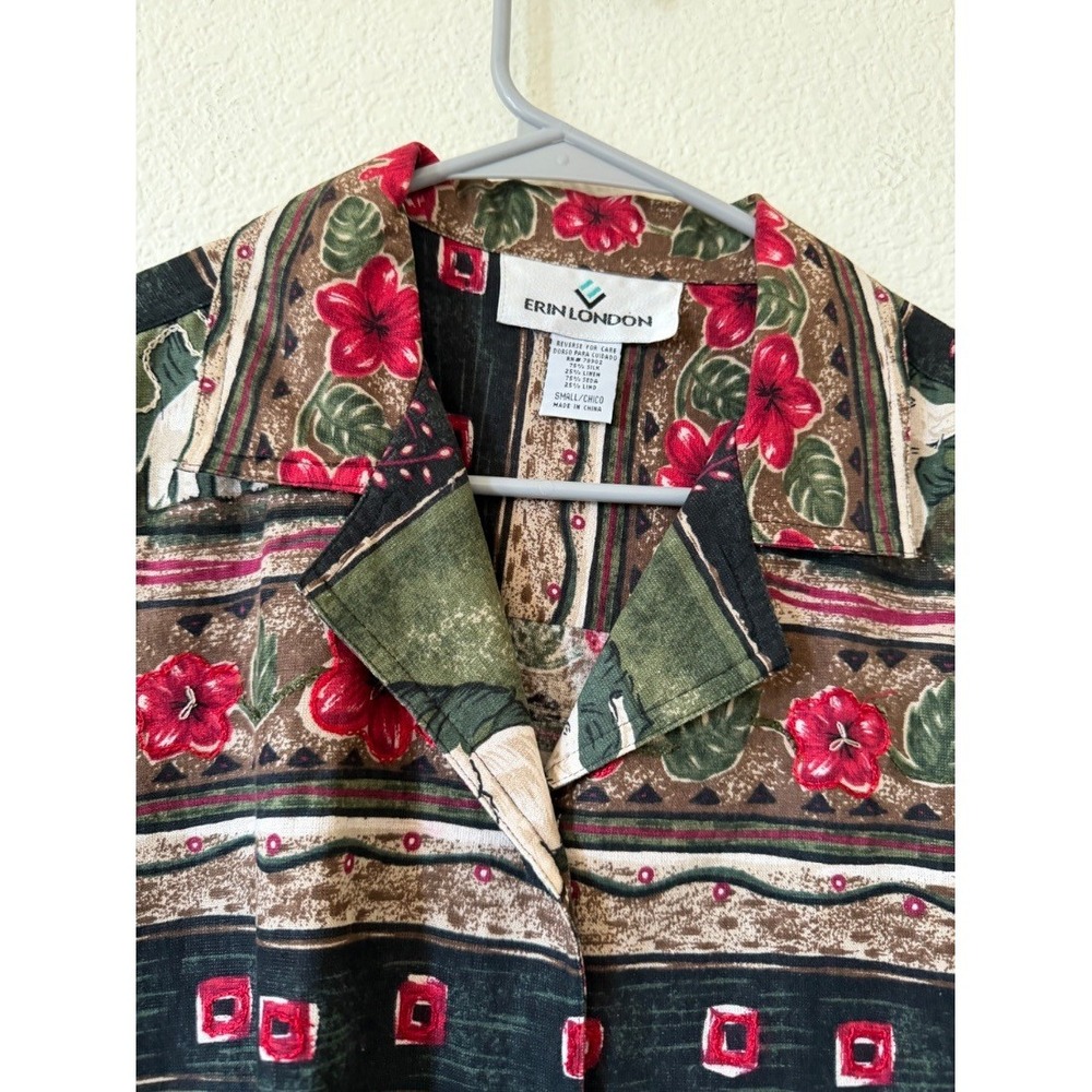Erin London Womens Blouse Shirt Green Elephant Print Silk Linen Small - Picture 8 of 13